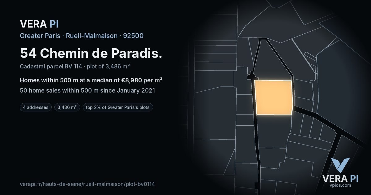 54 Chemin de Paradis, Rueil-Malmaison at night – the plot lit, the parcels around coloured by the prices near them