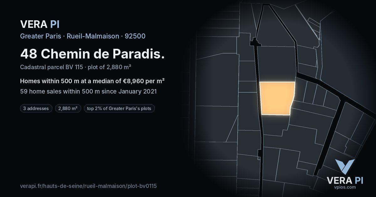 48 Chemin de Paradis, Rueil-Malmaison at night – the plot lit, the parcels around coloured by the prices near them