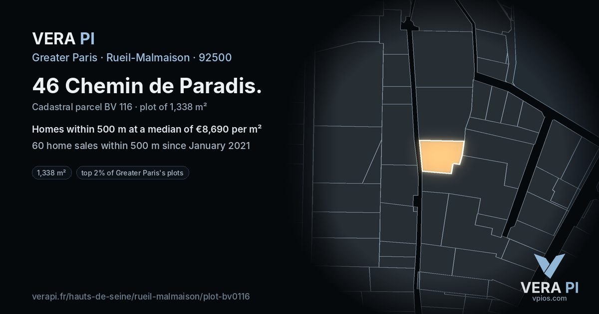 46 Chemin de Paradis, Rueil-Malmaison at night – the plot lit, the parcels around coloured by the prices near them