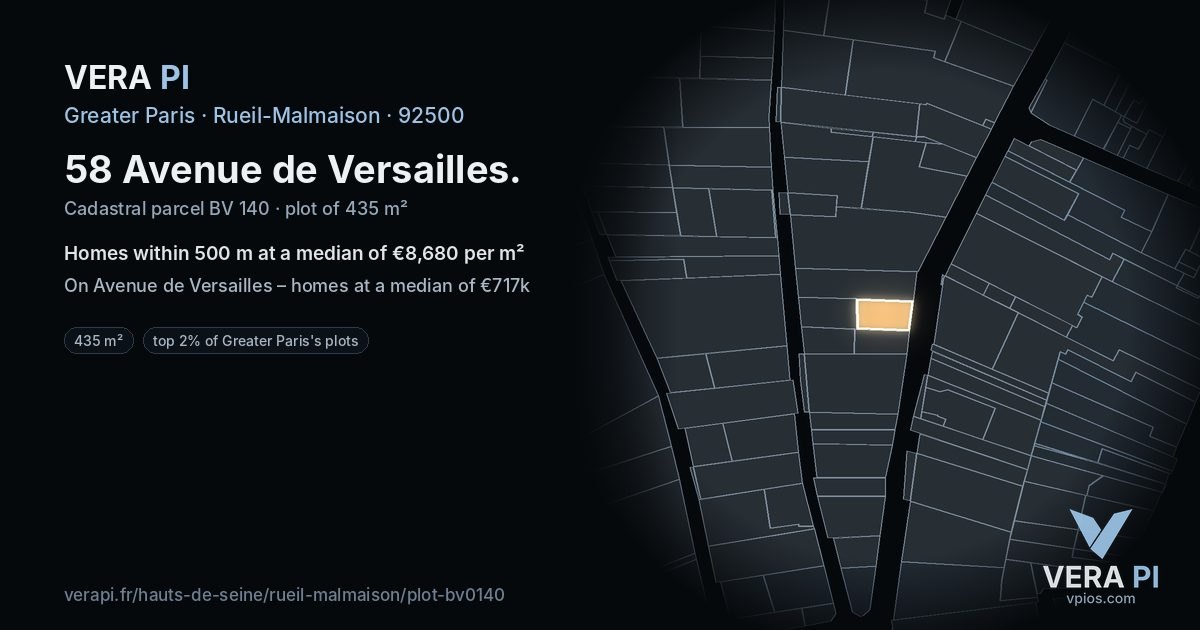 58 Avenue de Versailles, Rueil-Malmaison at night – the plot lit, the parcels around coloured by the prices near them