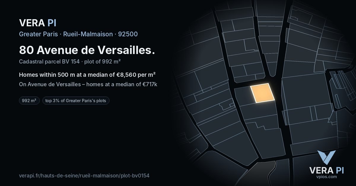 80 Avenue de Versailles, Rueil-Malmaison at night – the plot lit, the parcels around coloured by the prices near them