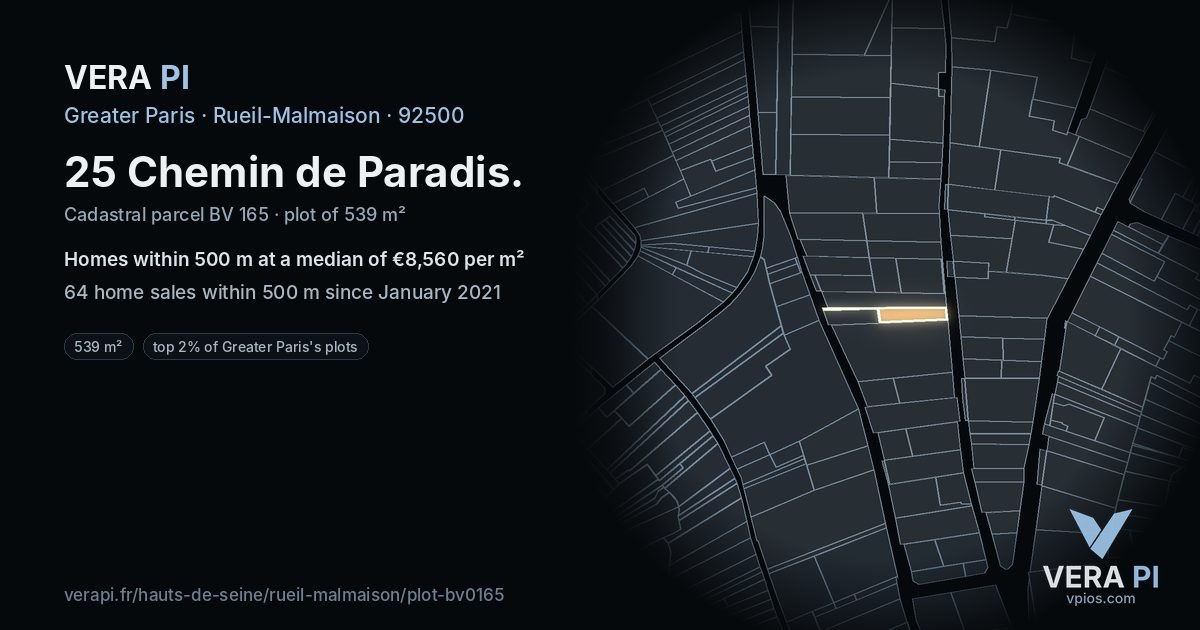 25 Chemin de Paradis, Rueil-Malmaison at night – the plot lit, the parcels around coloured by the prices near them