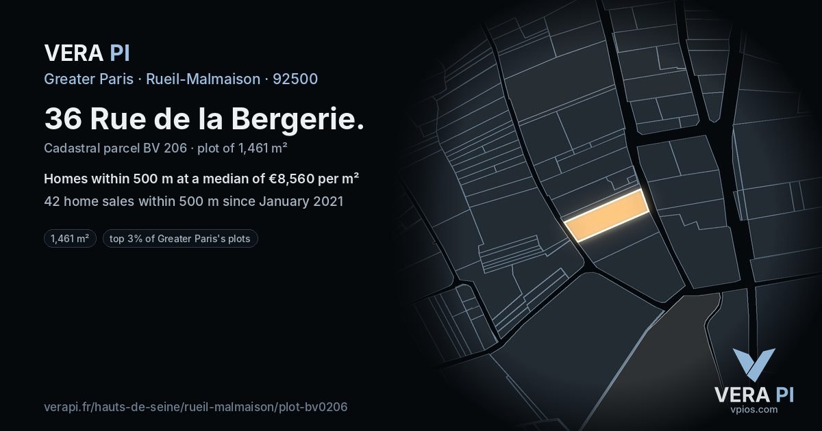 36 Rue de la Bergerie, Rueil-Malmaison at night – the plot lit, the parcels around coloured by the prices near them