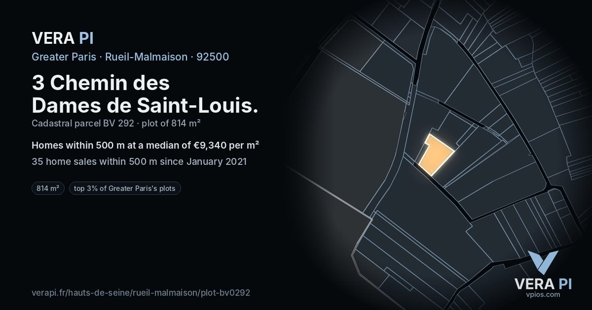 3 Chemin des Dames de Saint-Louis, Rueil-Malmaison at night – the plot lit, the parcels around coloured by the prices near them