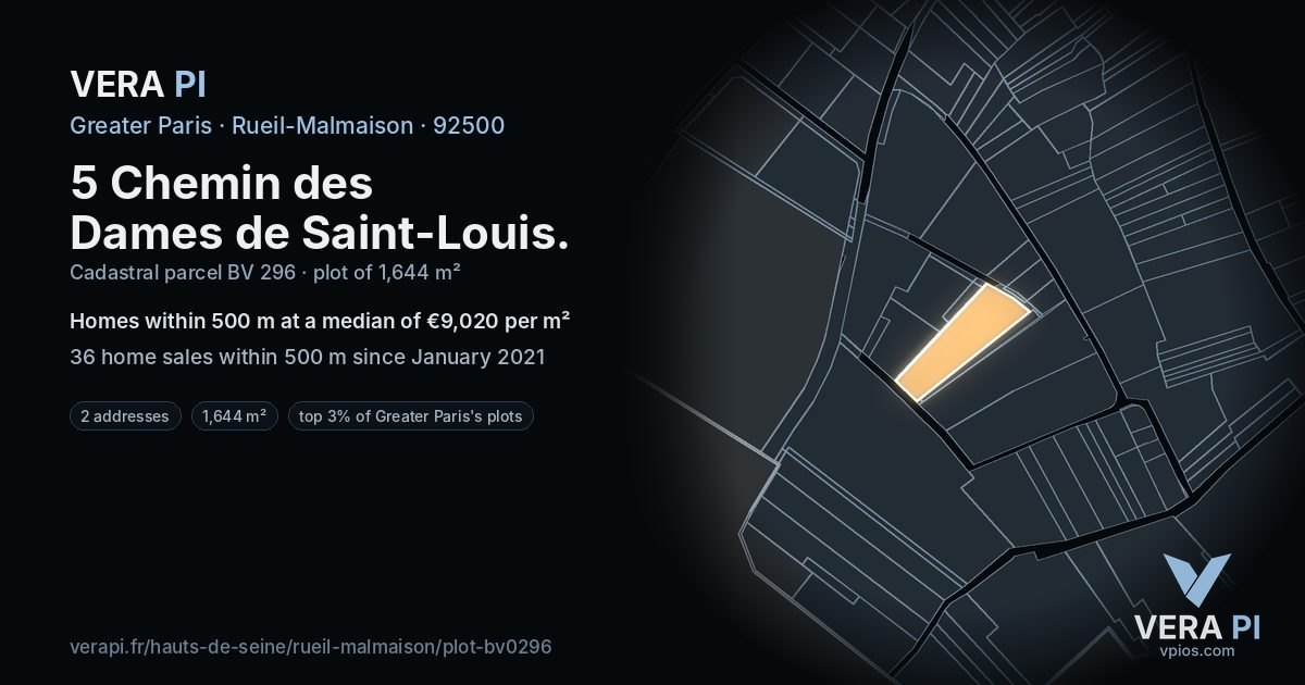 5 Chemin des Dames de Saint-Louis, Rueil-Malmaison at night – the plot lit, the parcels around coloured by the prices near them