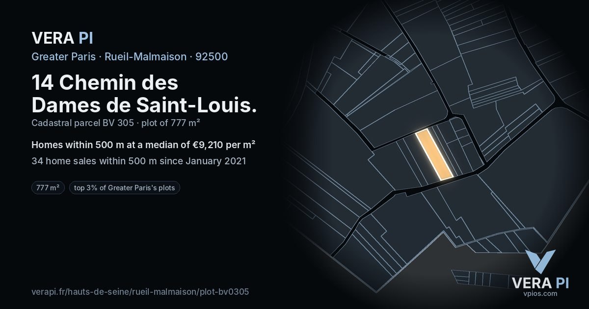 14 Chemin des Dames de Saint-Louis, Rueil-Malmaison at night – the plot lit, the parcels around coloured by the prices near them
