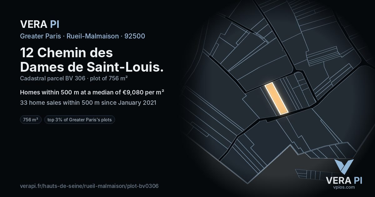 12 Chemin des Dames de Saint-Louis, Rueil-Malmaison at night – the plot lit, the parcels around coloured by the prices near them