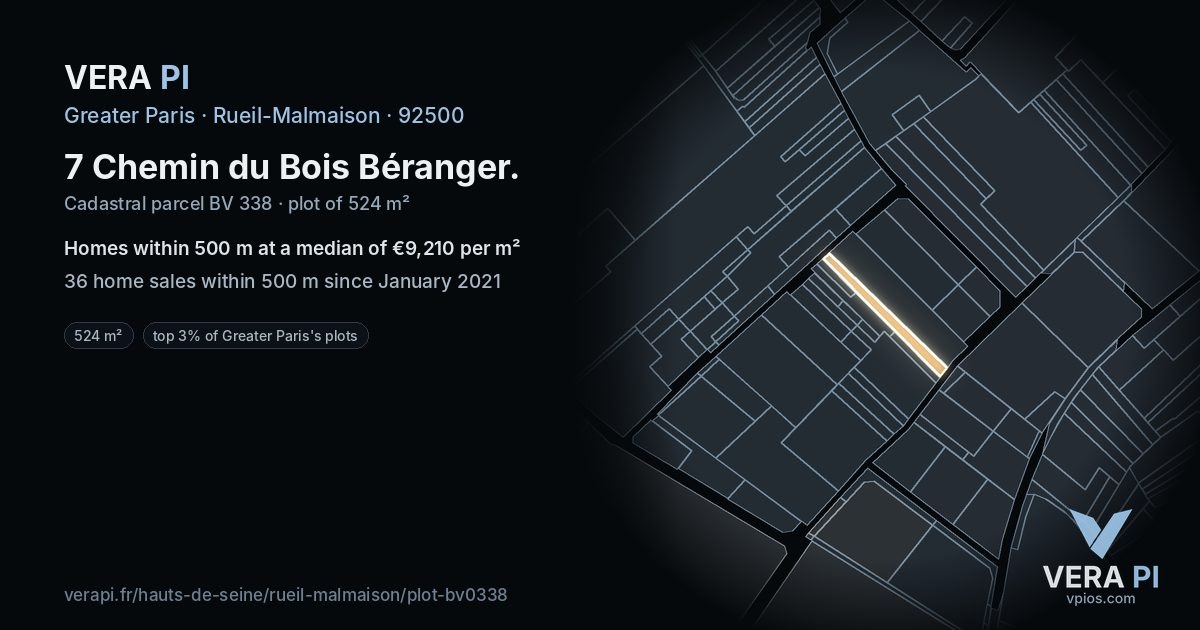 7 Chemin du Bois Béranger, Rueil-Malmaison at night – the plot lit, the parcels around coloured by the prices near them