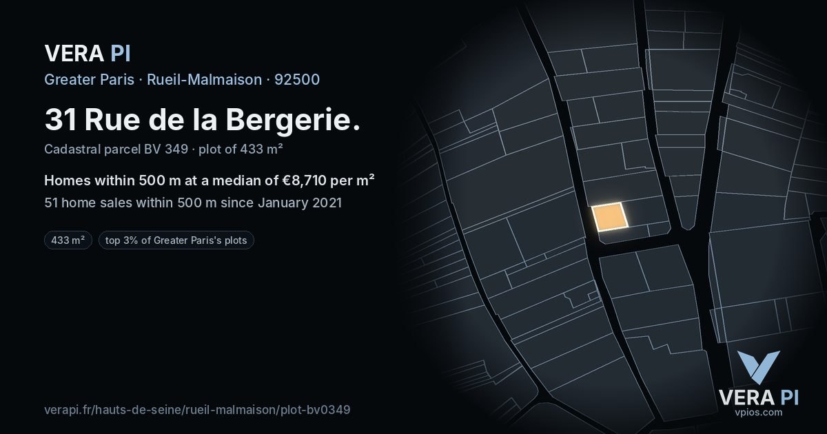 31 Rue de la Bergerie, Rueil-Malmaison at night – the plot lit, the parcels around coloured by the prices near them
