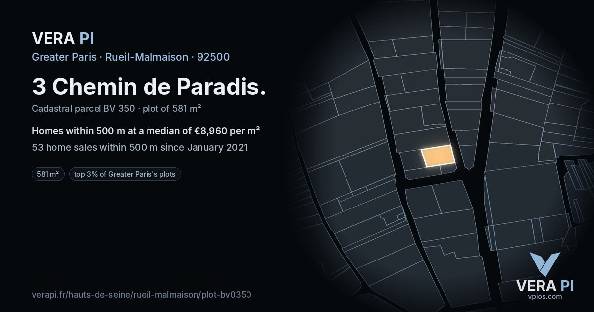 3 Chemin de Paradis, Rueil-Malmaison at night – the plot lit, the parcels around coloured by the prices near them
