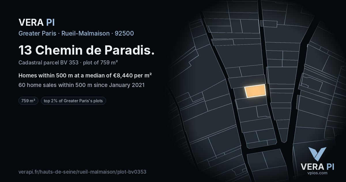 13 Chemin de Paradis, Rueil-Malmaison at night – the plot lit, the parcels around coloured by the prices near them