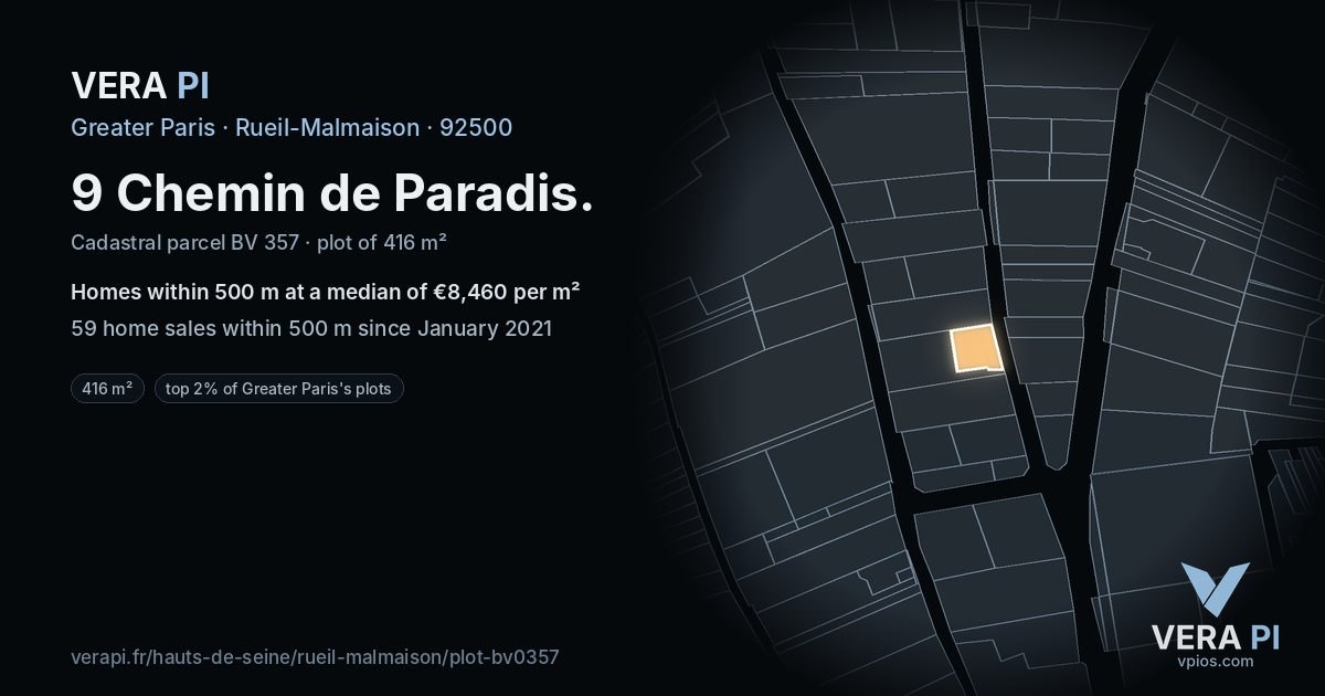 9 Chemin de Paradis, Rueil-Malmaison at night – the plot lit, the parcels around coloured by the prices near them