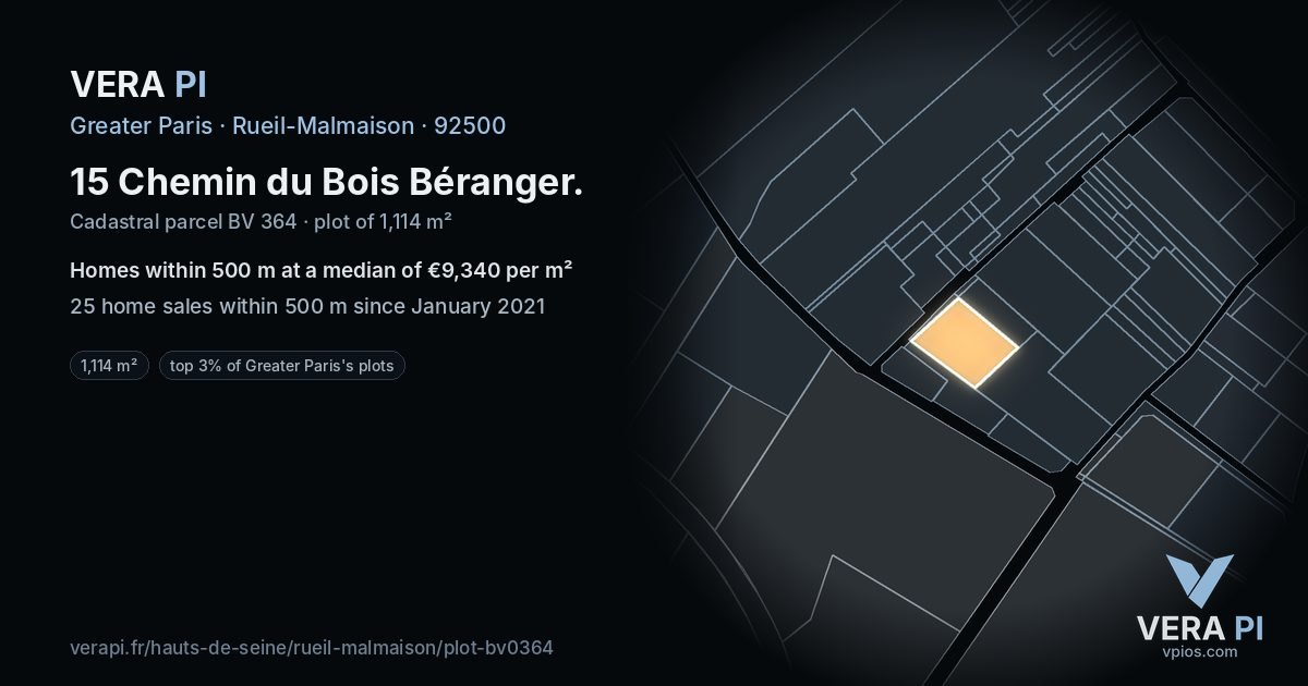 15 Chemin du Bois Béranger, Rueil-Malmaison at night – the plot lit, the parcels around coloured by the prices near them