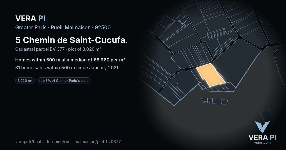 5 Chemin de Saint-Cucufa, Rueil-Malmaison at night – the plot lit, the parcels around coloured by the prices near them