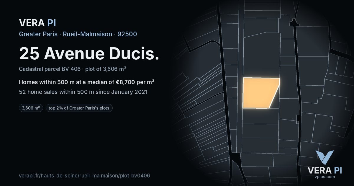 25 Avenue Ducis, Rueil-Malmaison at night – the plot lit, the parcels around coloured by the prices near them