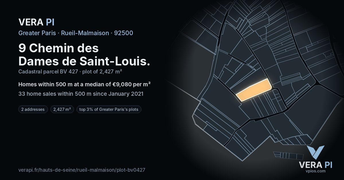 9 Chemin des Dames de Saint-Louis, Rueil-Malmaison at night – the plot lit, the parcels around coloured by the prices near them