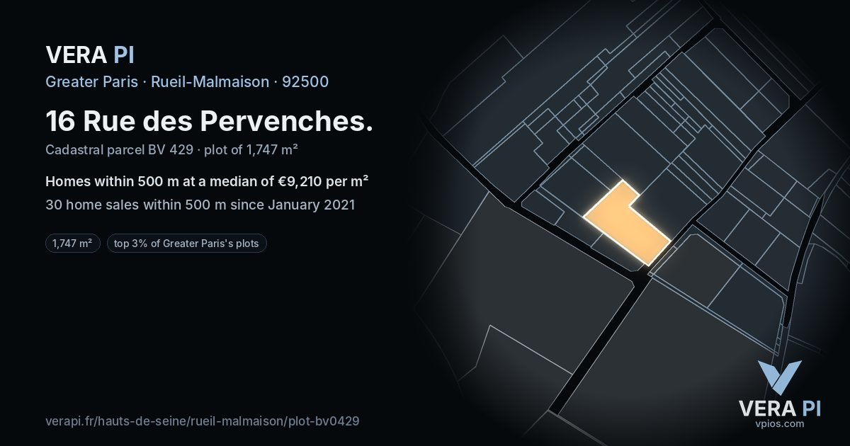 16 Rue des Pervenches, Rueil-Malmaison at night – the plot lit, the parcels around coloured by the prices near them