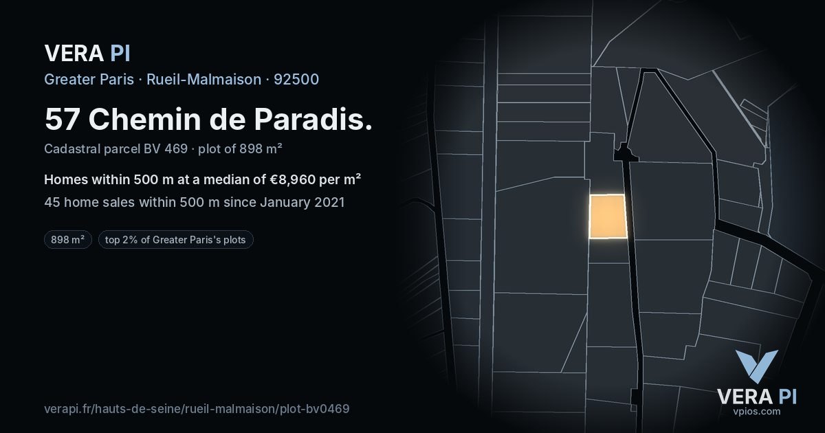 57 Chemin de Paradis, Rueil-Malmaison at night – the plot lit, the parcels around coloured by the prices near them