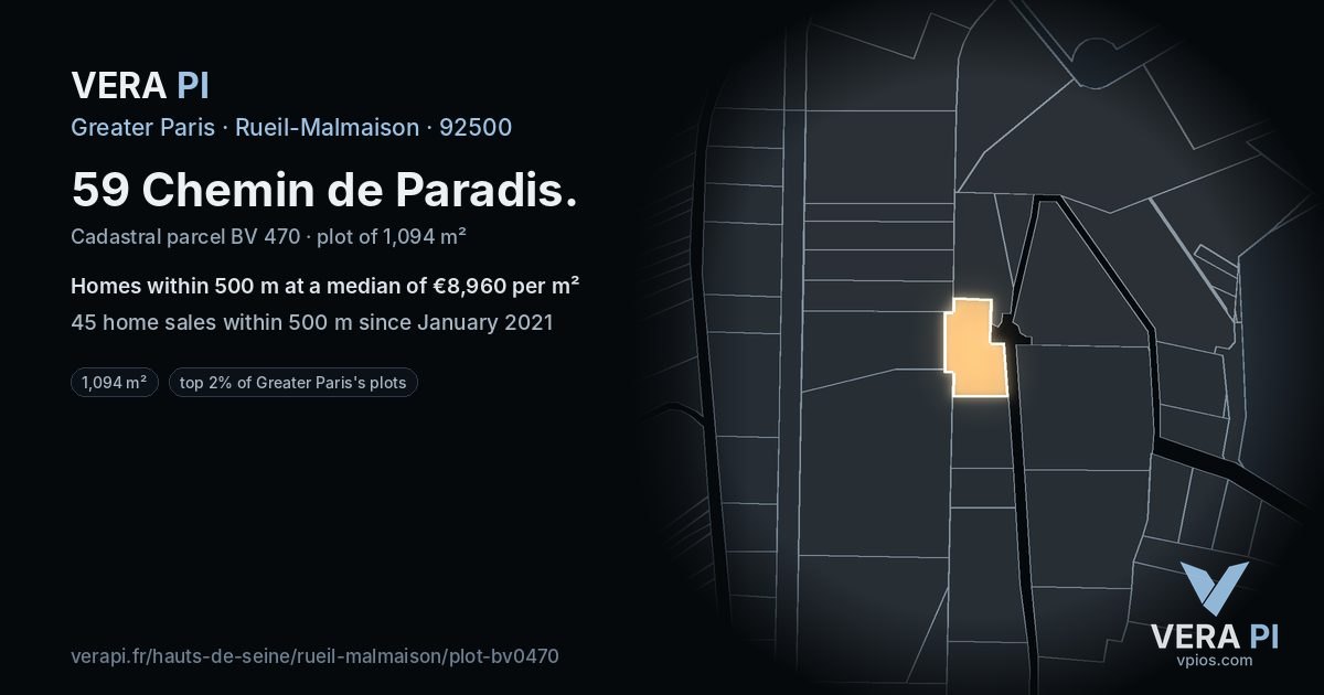 59 Chemin de Paradis, Rueil-Malmaison at night – the plot lit, the parcels around coloured by the prices near them