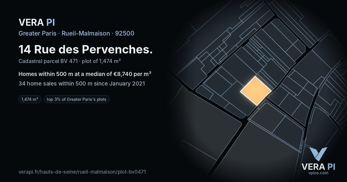 14 Rue des Pervenches, Rueil-Malmaison at night – the plot lit, the parcels around coloured by the prices near them