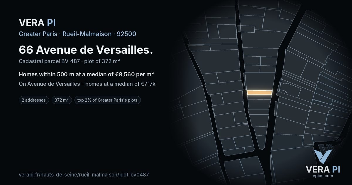 66 Avenue de Versailles, Rueil-Malmaison at night – the plot lit, the parcels around coloured by the prices near them