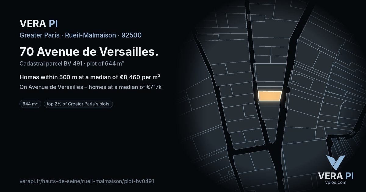 70 Avenue de Versailles, Rueil-Malmaison at night – the plot lit, the parcels around coloured by the prices near them
