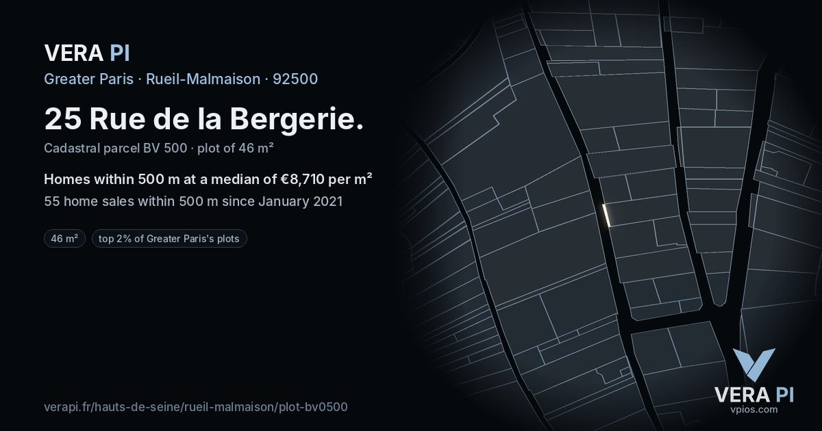 25 Rue de la Bergerie, Rueil-Malmaison at night – the plot lit, the parcels around coloured by the prices near them