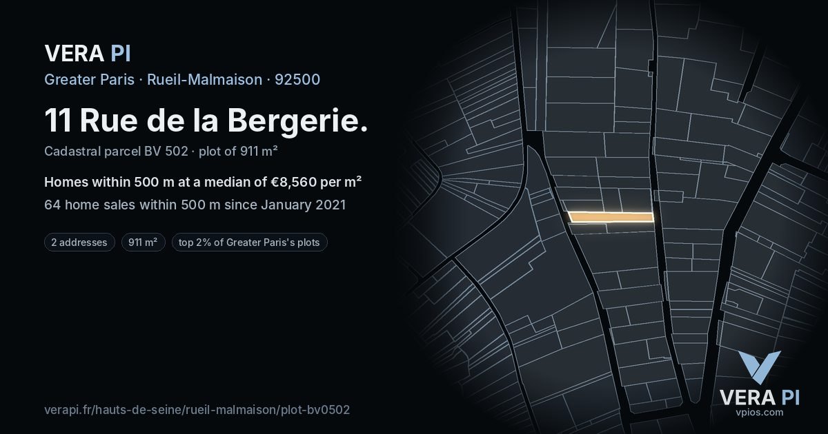 11 Rue de la Bergerie, Rueil-Malmaison at night – the plot lit, the parcels around coloured by the prices near them