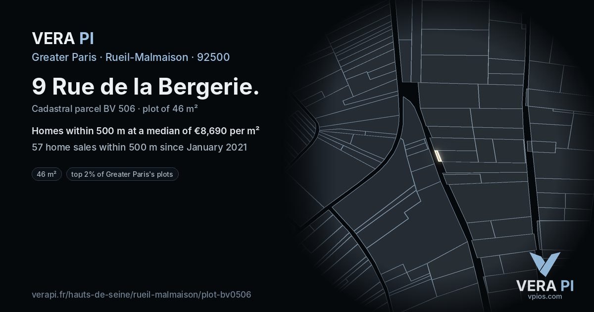 9 Rue de la Bergerie, Rueil-Malmaison at night – the plot lit, the parcels around coloured by the prices near them