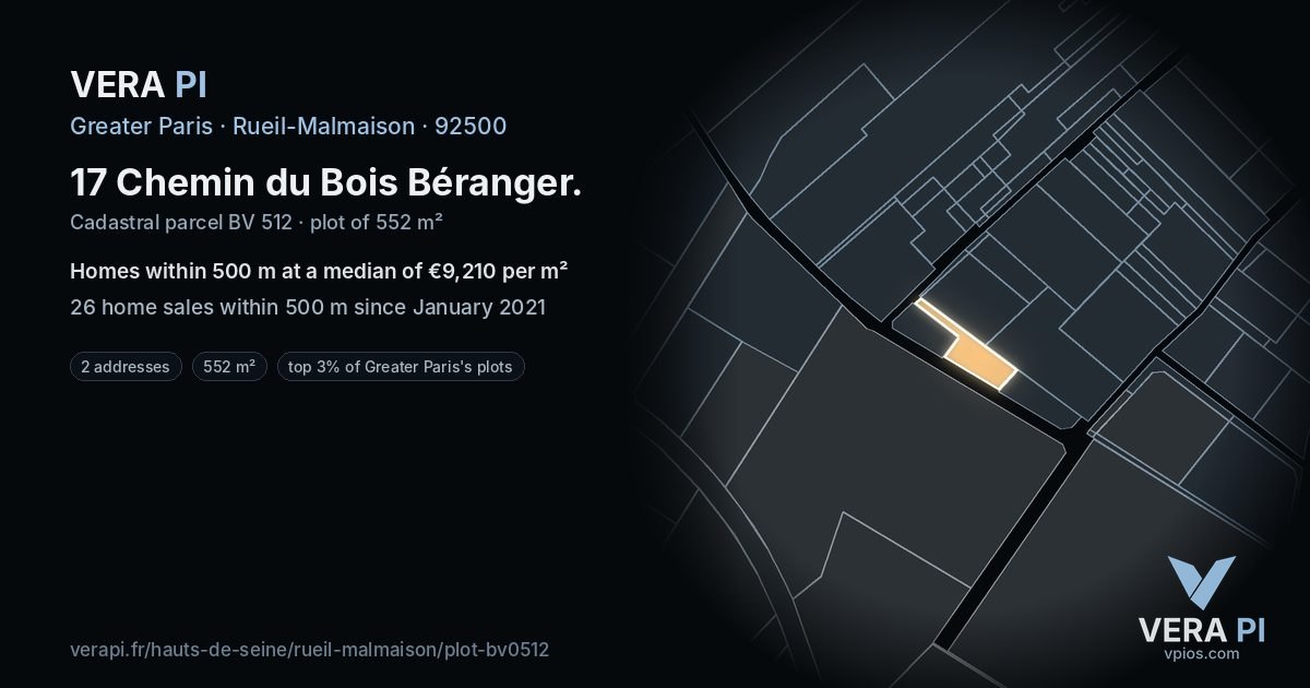 17 Chemin du Bois Béranger, Rueil-Malmaison at night – the plot lit, the parcels around coloured by the prices near them