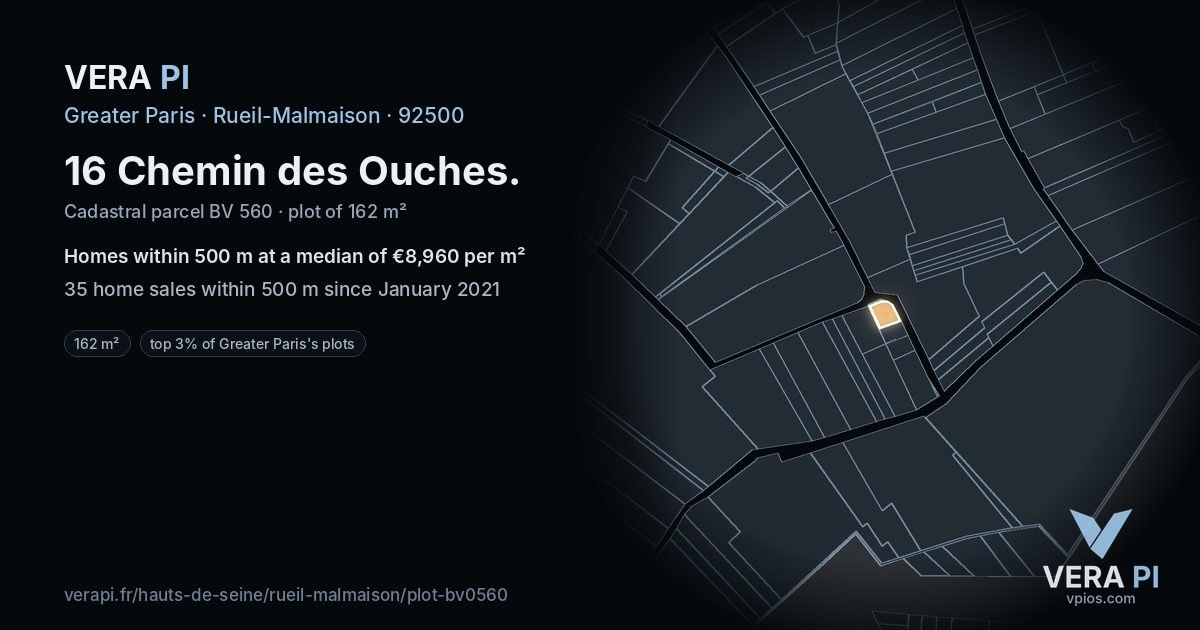 16 Chemin des Ouches, Rueil-Malmaison at night – the plot lit, the parcels around coloured by the prices near them