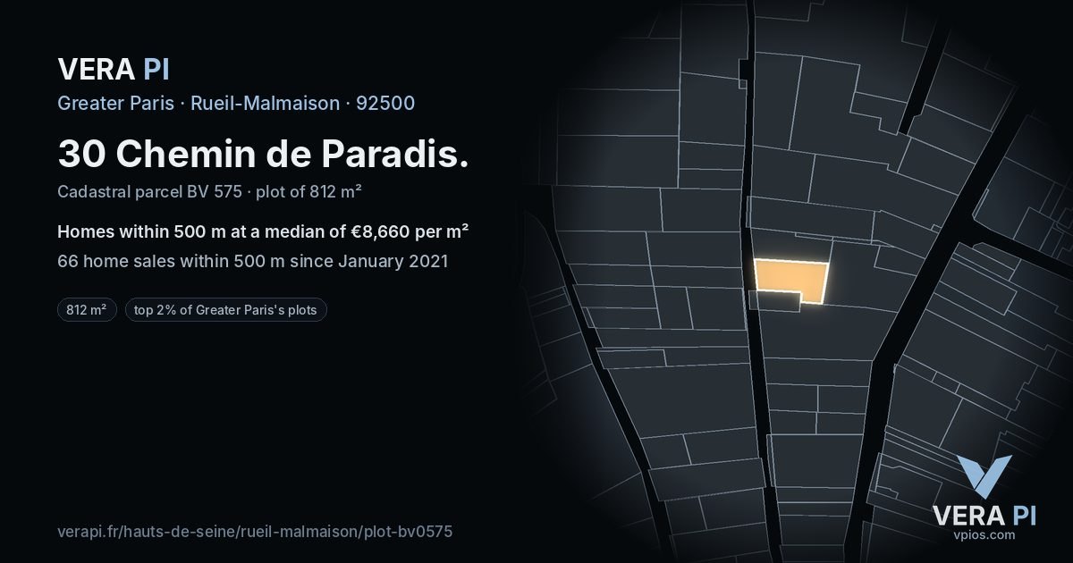 30 Chemin de Paradis, Rueil-Malmaison at night – the plot lit, the parcels around coloured by the prices near them