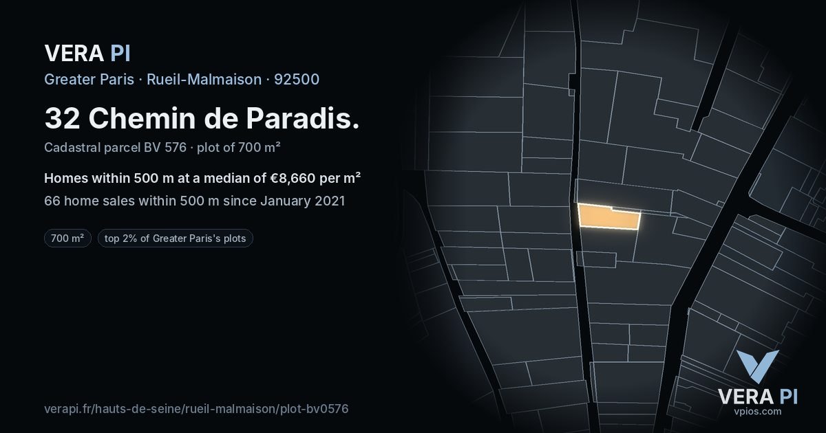 32 Chemin de Paradis, Rueil-Malmaison at night – the plot lit, the parcels around coloured by the prices near them