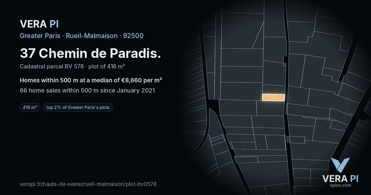 37 Chemin de Paradis, Rueil-Malmaison at night – the plot lit, the parcels around coloured by the prices near them