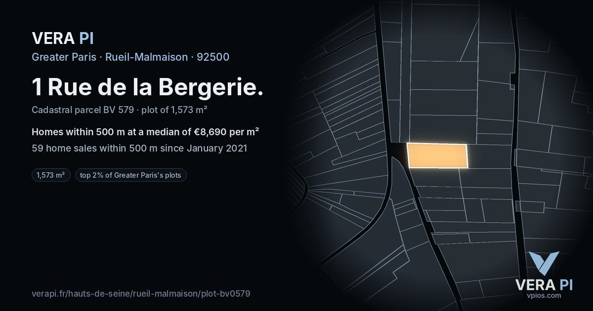 1 Rue de la Bergerie, Rueil-Malmaison at night – the plot lit, the parcels around coloured by the prices near them