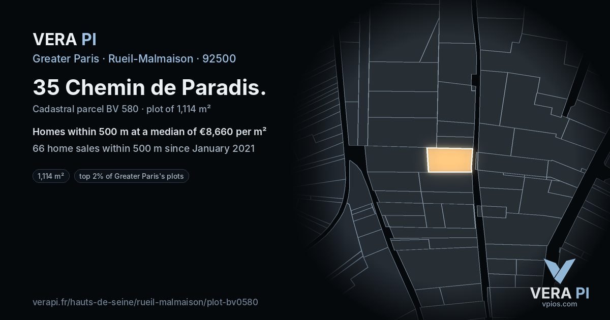 35 Chemin de Paradis, Rueil-Malmaison at night – the plot lit, the parcels around coloured by the prices near them
