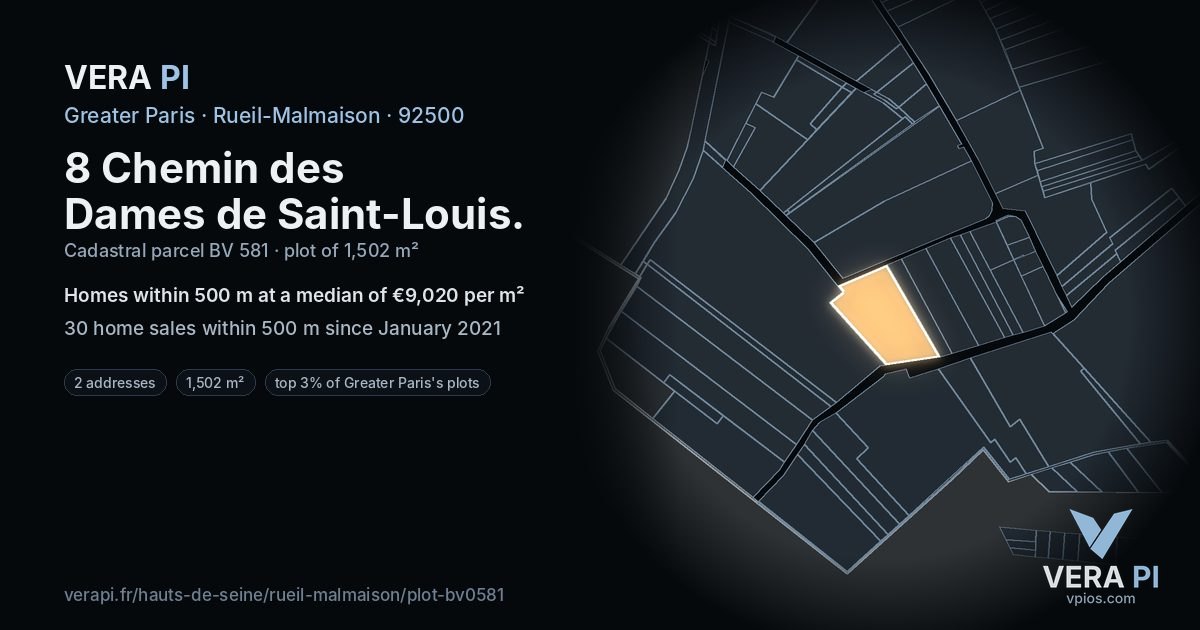 8 Chemin des Dames de Saint-Louis, Rueil-Malmaison at night – the plot lit, the parcels around coloured by the prices near them