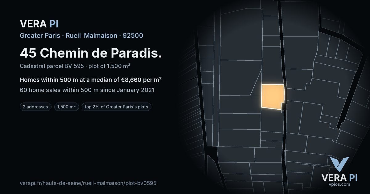 45 Chemin de Paradis, Rueil-Malmaison at night – the plot lit, the parcels around coloured by the prices near them