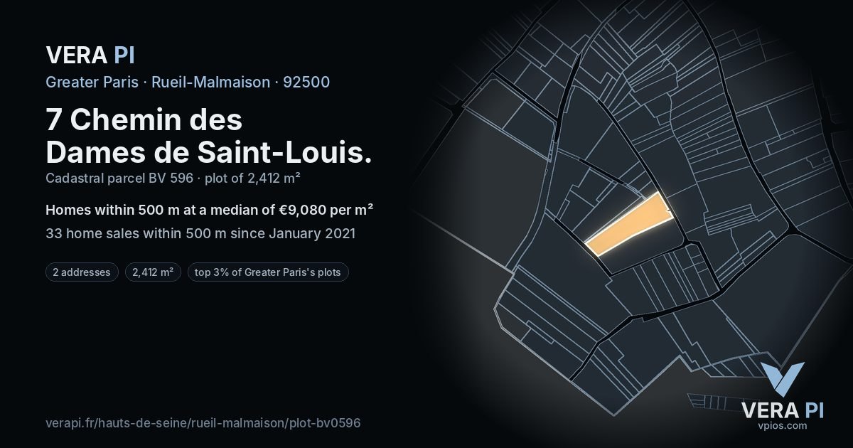 7 Chemin des Dames de Saint-Louis, Rueil-Malmaison at night – the plot lit, the parcels around coloured by the prices near them