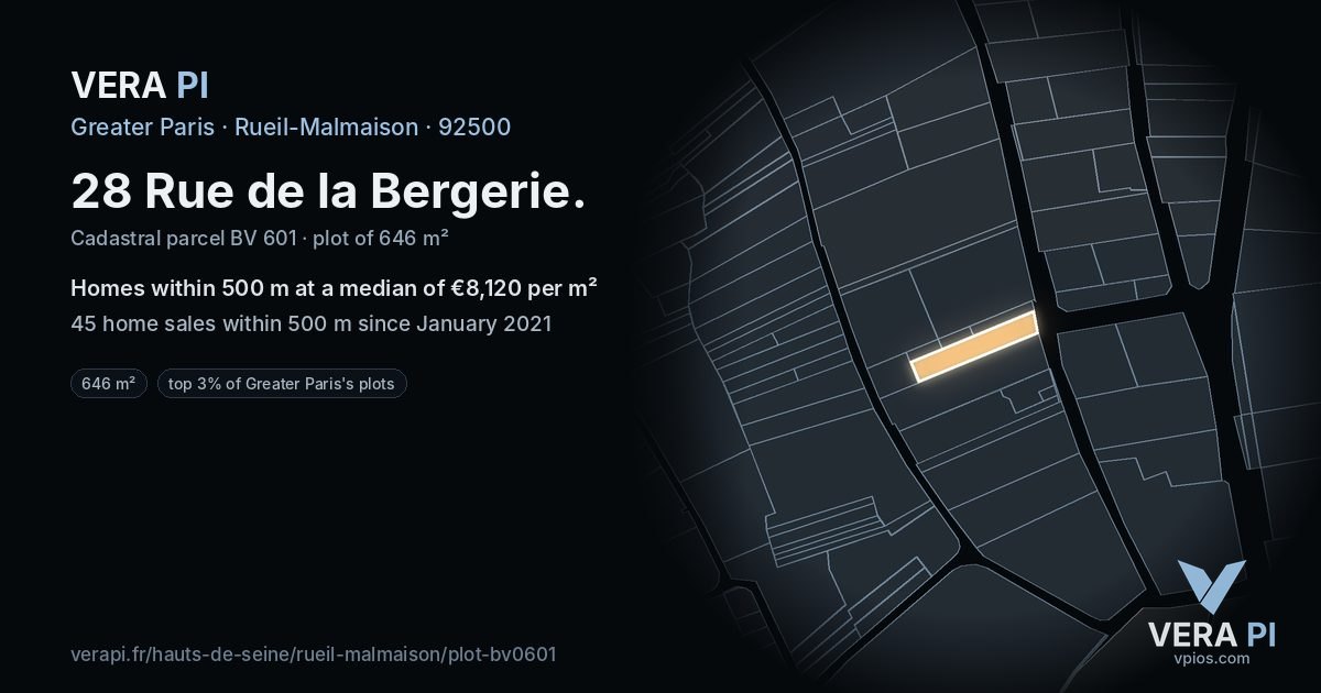 28 Rue de la Bergerie, Rueil-Malmaison at night – the plot lit, the parcels around coloured by the prices near them