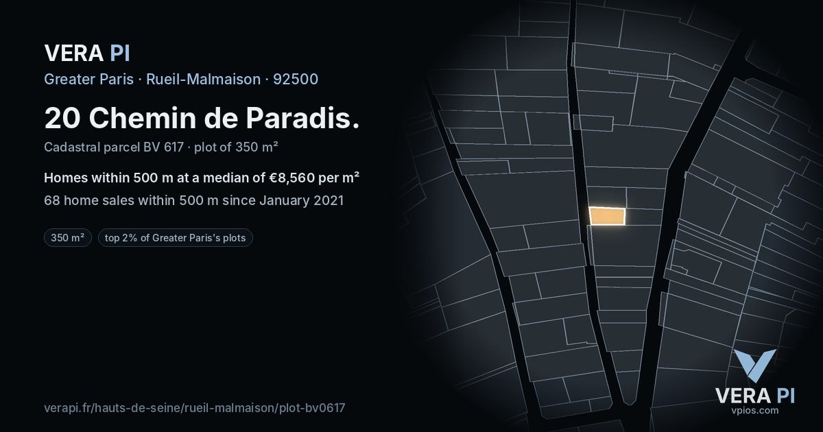 20 Chemin de Paradis, Rueil-Malmaison at night – the plot lit, the parcels around coloured by the prices near them