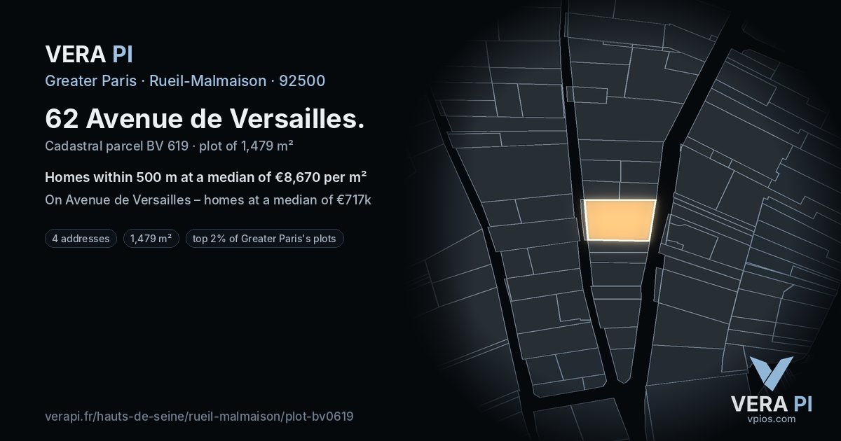 62 Avenue de Versailles, Rueil-Malmaison at night – the plot lit, the parcels around coloured by the prices near them