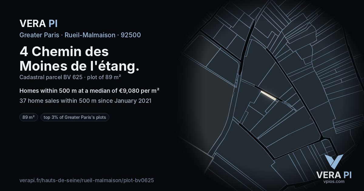 4 Chemin des Moines de l'étang, Rueil-Malmaison at night – the plot lit, the parcels around coloured by the prices near them