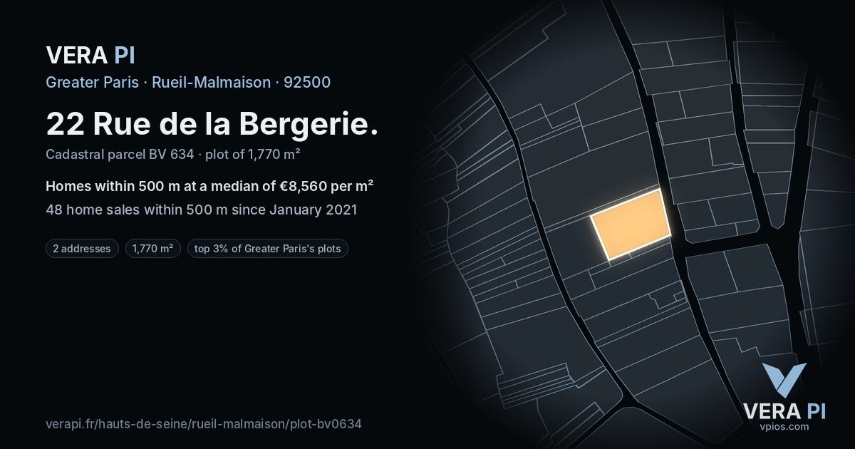 22 Rue de la Bergerie, Rueil-Malmaison at night – the plot lit, the parcels around coloured by the prices near them