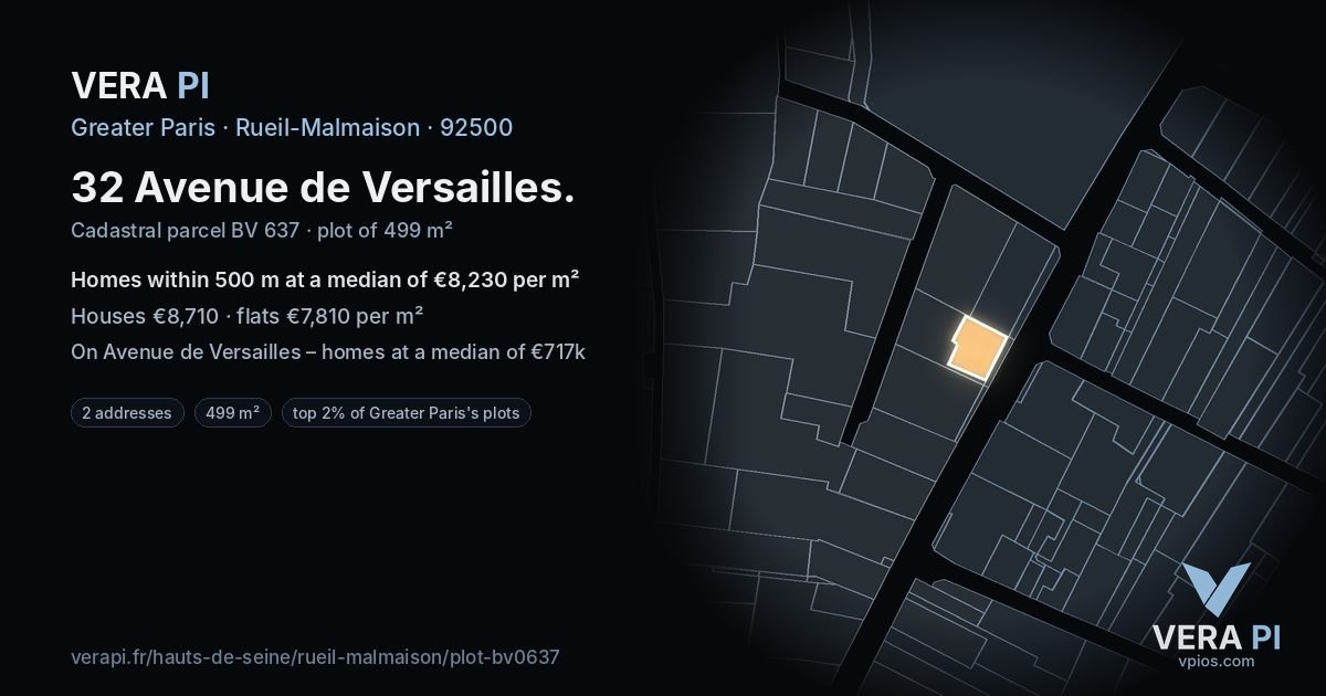 32 Avenue de Versailles, Rueil-Malmaison at night – the plot lit, the parcels around coloured by the prices near them