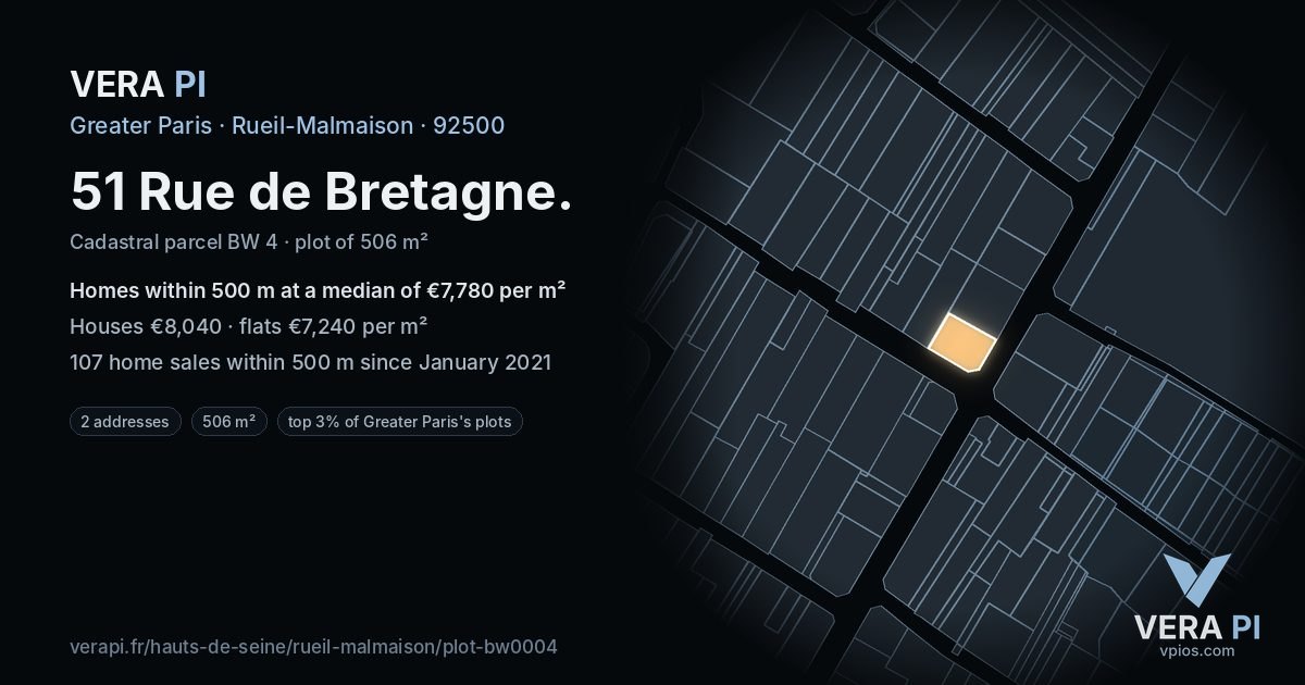 51 Rue de Bretagne, Rueil-Malmaison at night – the plot lit, the parcels around coloured by the prices near them