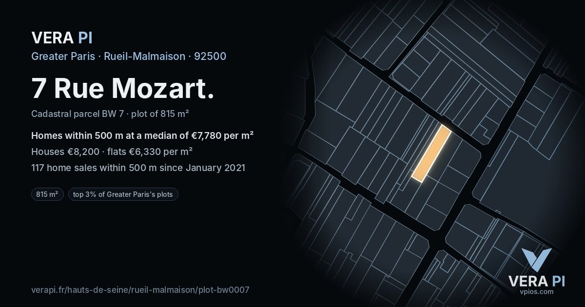 7 Rue Mozart, Rueil-Malmaison at night – the plot lit, the parcels around coloured by the prices near them