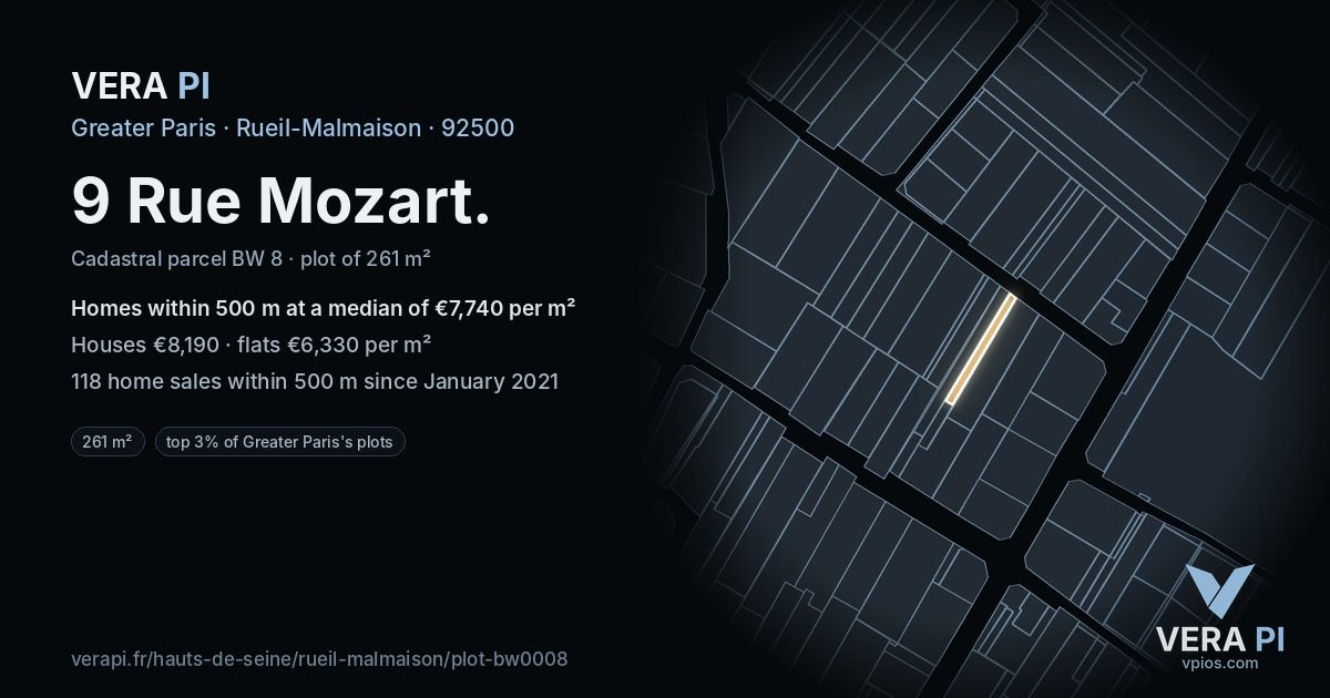 9 Rue Mozart, Rueil-Malmaison at night – the plot lit, the parcels around coloured by the prices near them