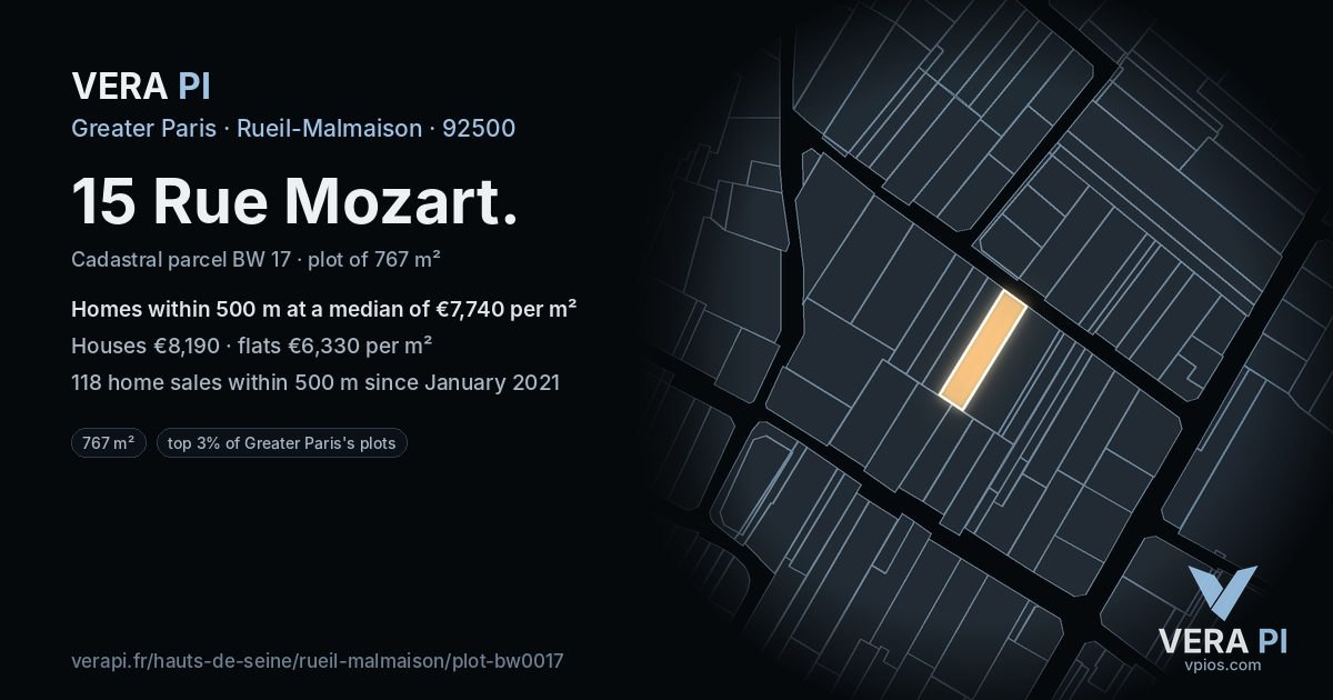 15 Rue Mozart, Rueil-Malmaison at night – the plot lit, the parcels around coloured by the prices near them