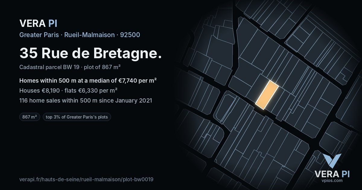 35 Rue de Bretagne, Rueil-Malmaison at night – the plot lit, the parcels around coloured by the prices near them